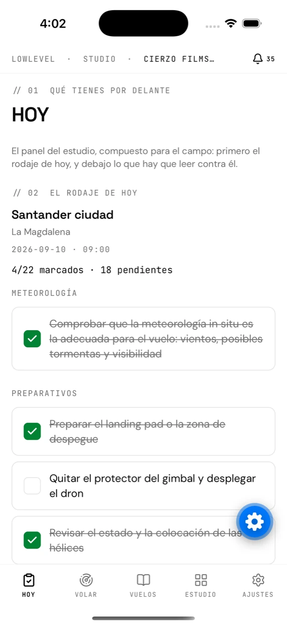 La pestaña «Hoy» de la app, con el rodaje del día y su checklist