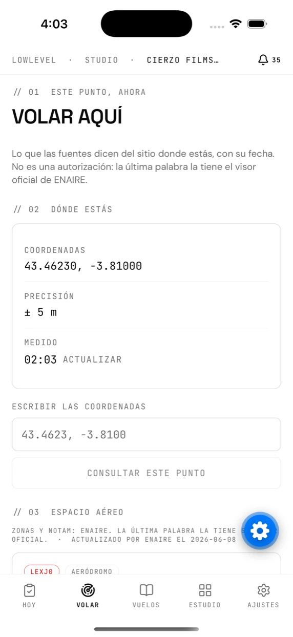 La pestaña «Volar aquí» de la app, con las zonas del punto donde está el teléfono