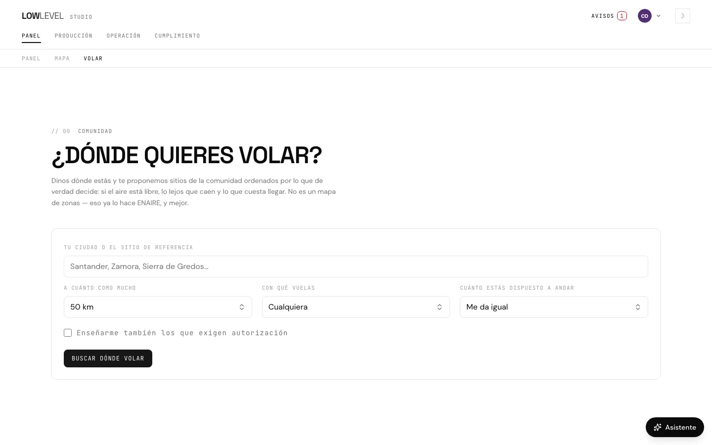 Dónde volar — pantalla real del estudio